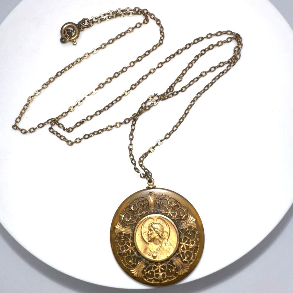 Antique 1930s 1940s Bakelite gold gilt Sacred Heart Christ pendant 20” necklace